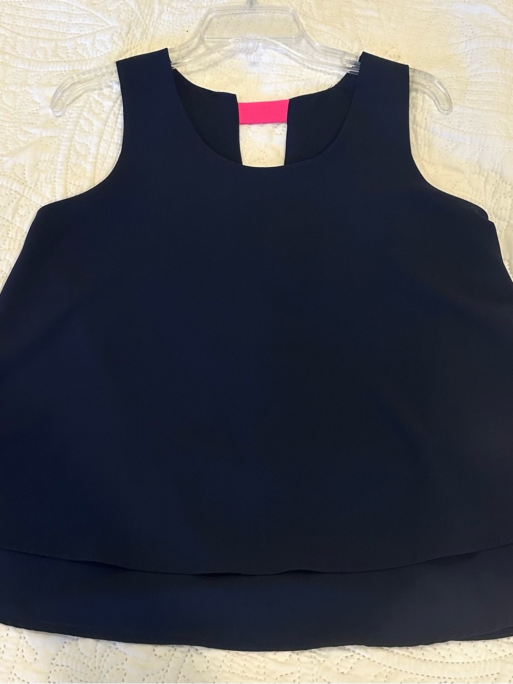 Women's Navy Sleeveless Layered Tank with bright pink detail on the back